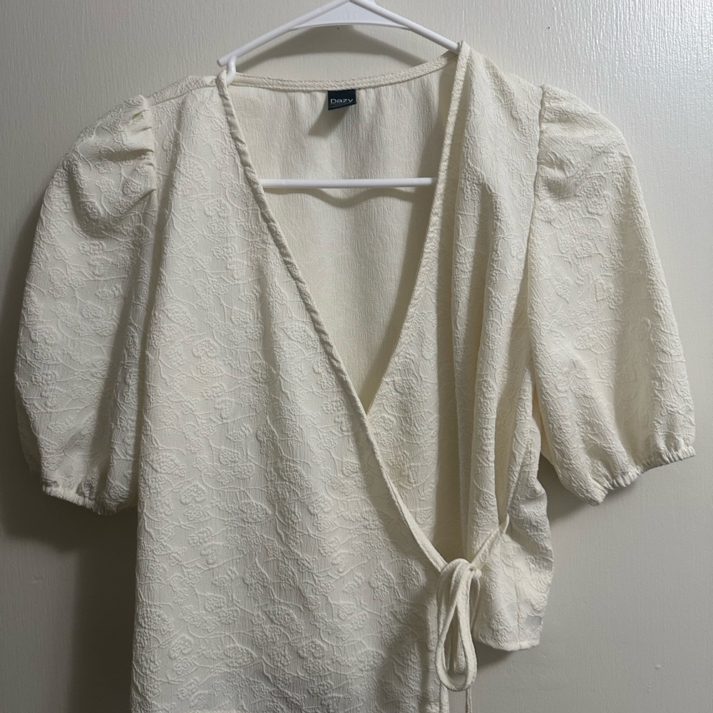 Chaps Cream Short Sleeve Wrap Blouse